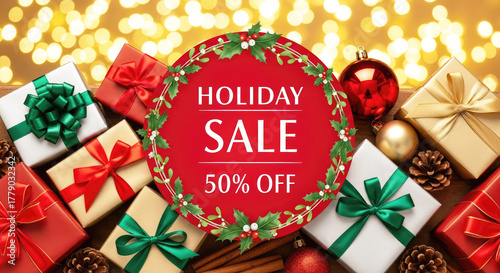 Christmas scene with colorful wrapped gifts, ornaments and a bright red sign  “HOLIDAY SALE 50%.” on shiny bokeh background. Winter festive sale concept.