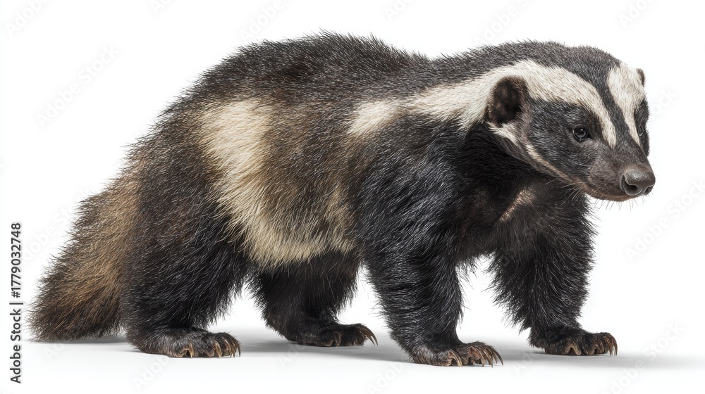 Fototapeta premium Badger with distinctive black and white striped face walking on white background, wild mammal carnivore with thick fur coat captured in detailed side profile view