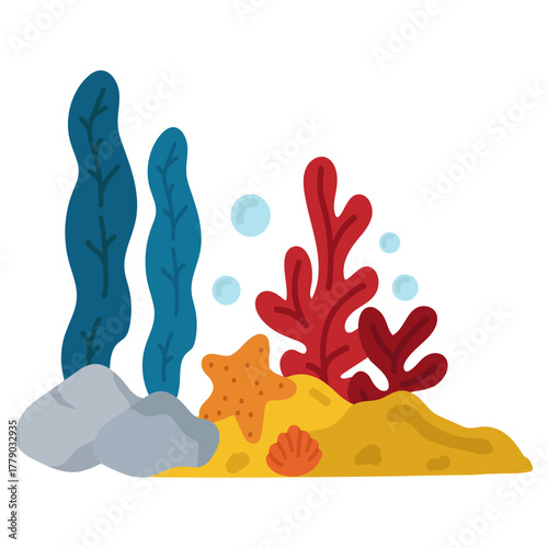 Hand drawn underwater ocean scene with seaweed and coral illustration.