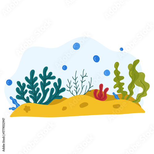 Hand drawn underwater ocean scene with seaweed and coral illustration.