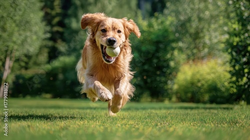 Happy golden retriever dog running across green grass lawn with tennis ball in mouth, captured mid-leap on sunny day outdoors