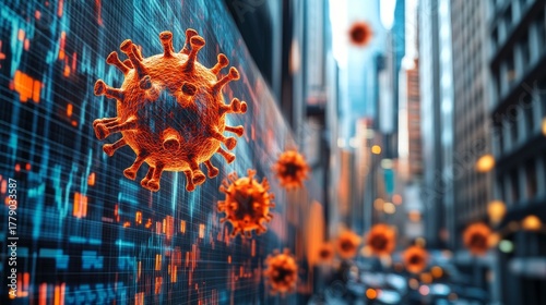 The virus against the backdrop of the city's financial graph; the pandemic threatens the economy.
 