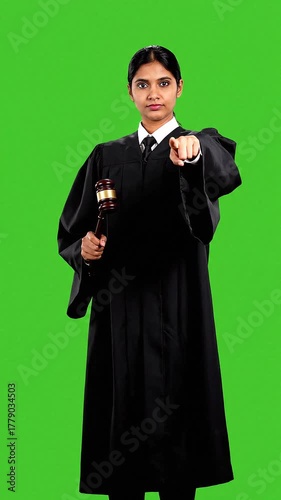 Judge Pointing Forward in Courtroom – Legal Authority Gesture Concept