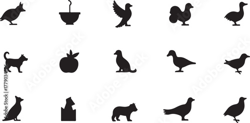 A collection of vector silhouettes of common animals like cat, dog, bird, and bear, perfect for use as an icon, logo, or design element