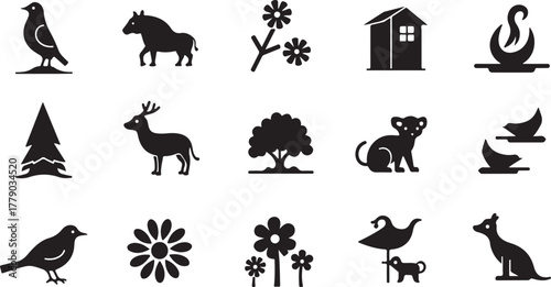 Black vector farm animal silhouettes set includes horse, cow, dog, and cat icons