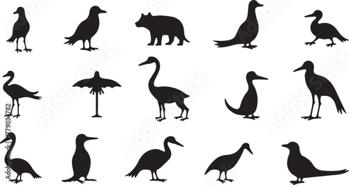 Black vector animal silhouettes collection featuring wildlife and domestic mammals, birds, and fish icons