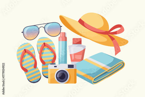Vector illustration of collection of beach and travel accessories, including sunglasses, flipflops, sunscreen, a hat, a camera, and a towel, on a light background