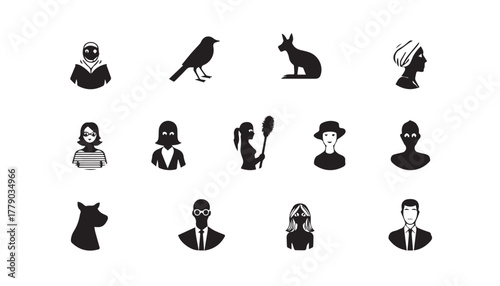 Black vector set of female people and business silhouette icons like woman, baby, and student figure pictograms