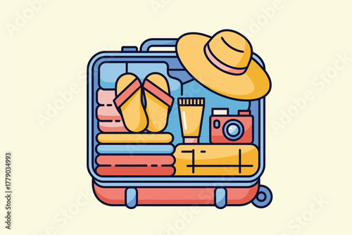 Vector illustration of packed open suitcase with summer vacation items like clothes, sandals, a hat, camera, and toiletries, symbolizing a getaway