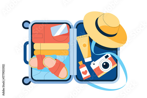 Vector illustration of open suitcase packed with summer vacation essentials including clothes, sandals, sun hat, camera, and sunscreen, ready for travel