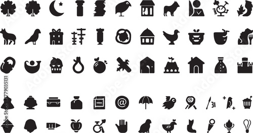 Vector icon set of isolated black silhouette signs for holiday travel and food