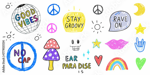 Fun and quirky hand drawn doodle collection with positive vibes and retro elements