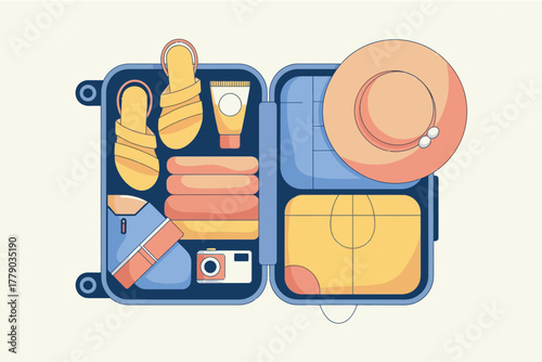 Vector illustration of packed open suitcase for a summer holiday, featuring clothing, flipflops, sunscreen, a hat, and a camera, all neatly arranged for a trip