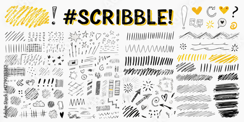 Collection of hand drawn scribble elements and text effects for design projects