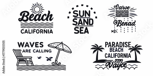 Collection of black and white beach themed graphics with california and paradise beach text