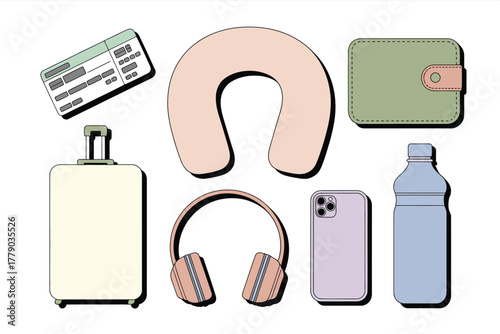Vector illustration of collection of travel essentials including a suitcase, neck pillow, wallet, headphones, smartphone, boarding pass, and water bottle