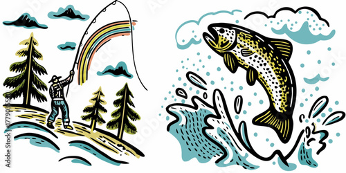 Fisherman casting a line with a rainbow and a leaping trout in a stylized outdoor scene