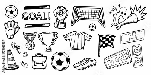 Collection of hand drawn soccer elements including balls goals trophies and player gear