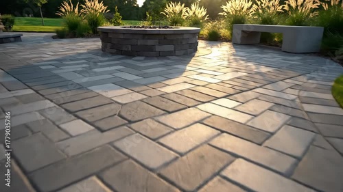 Patio Paver Design with Fire Pit - A ground-level view shows a herringbone pattern patio with gray and white pavers. In the background, a stone fire pit, bench, and ornamental grasses are visible.