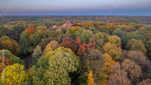 Aerial autumn forest landscape with hidden villa, colorful treetops