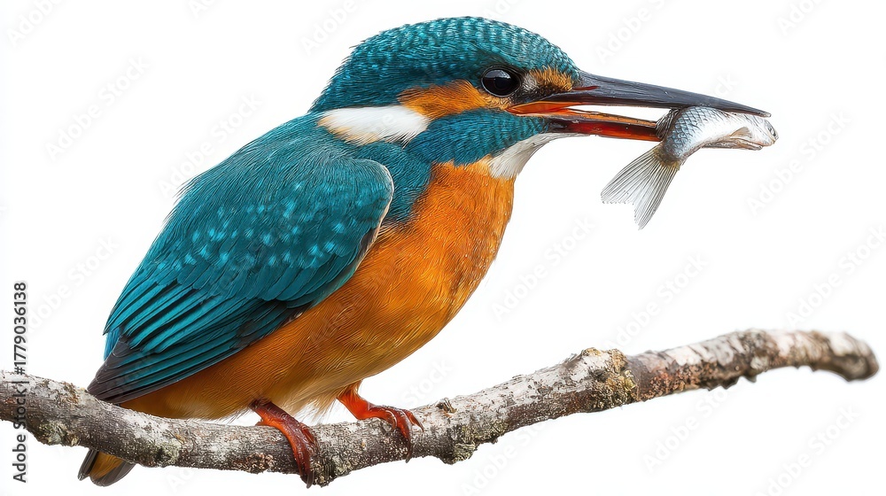 Obraz premium Vibrant common kingfisher perched on branch holding small fish in beak. Stunning turquoise and orange plumage bird isolated on white background with natural wildlife detail