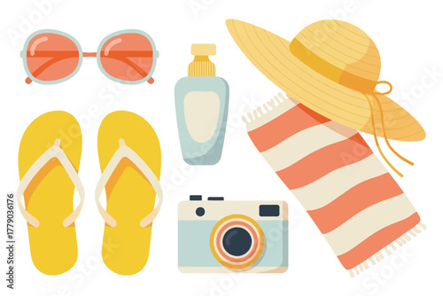 Vector illustration of flat lay of summer vacation essentials including sunglasses, flipflops, sunscreen, a straw hat, beach towel, and a vintage camera