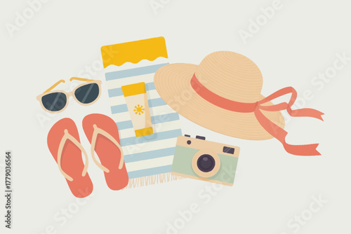 Vector illustration of beach essentials including a straw hat, sunglasses, flipflops, towel, sunscreen, and camera