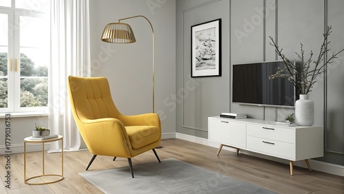 Modern living room interior with yellow armchair, elegant floor lamp, and minimal TV setup