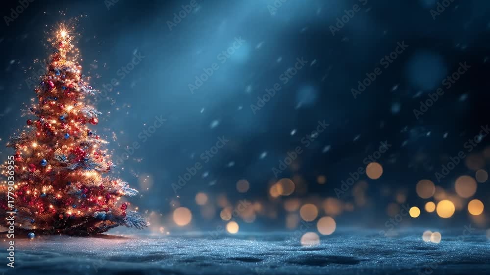 Christmas tree in snow with bokeh lights, blue loop motion background