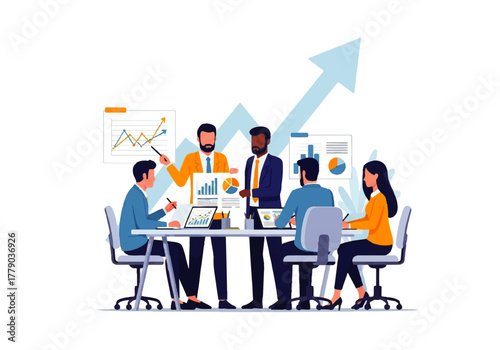 Strategic Collaboration: A focused business meeting, where diverse individuals collaborate on analytical charts, driving collective growth. 