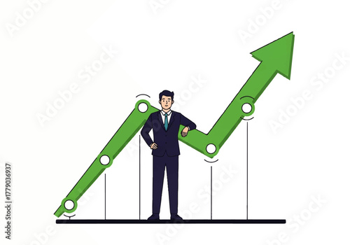 Business Growth: A confident businessperson stands beside an upward-trending arrow, which symbolizes financial gains, business development, and market expansion. Embodying ambition and strategy.