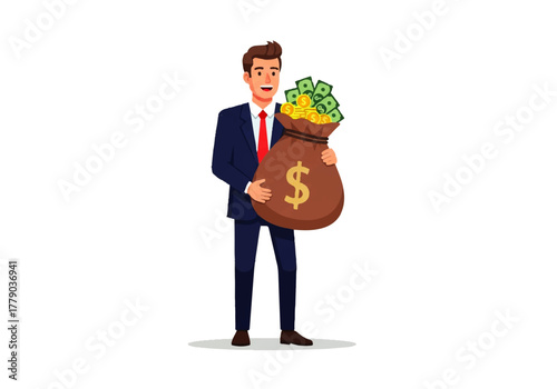 Wealthy Executive with Money Bag: A sophisticated businessman, exuding confidence, holds a hefty bag overflowing with cash, symbolizing financial prosperity and entrepreneurial success.