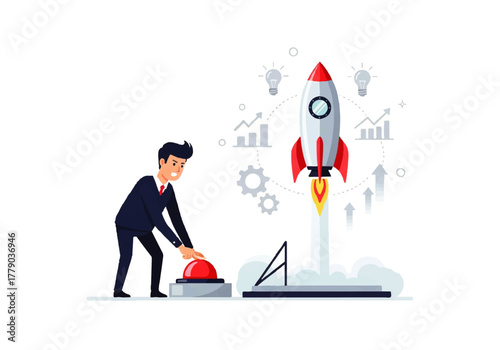 Business Launch: A determined businessperson initiates a rocket launch, symbolizing ambition, innovation, and the start of a new business venture. 