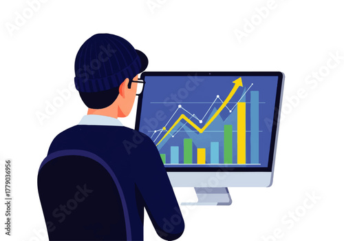 Business Analyst: A focused individual analyzes the growth chart on computer. It depicts the commitment and determination to make financial progress.