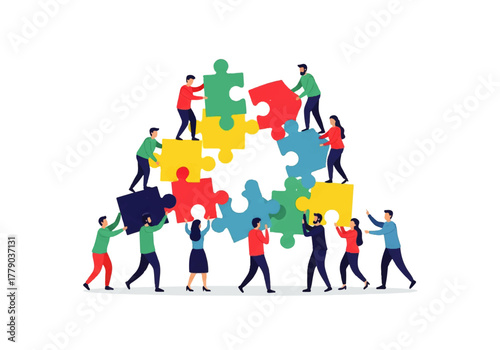 Collaboration and Unity: A team of diverse individuals works together to assemble colorful jigsaw puzzles, symbolizing teamwork, problem-solving, and shared success.