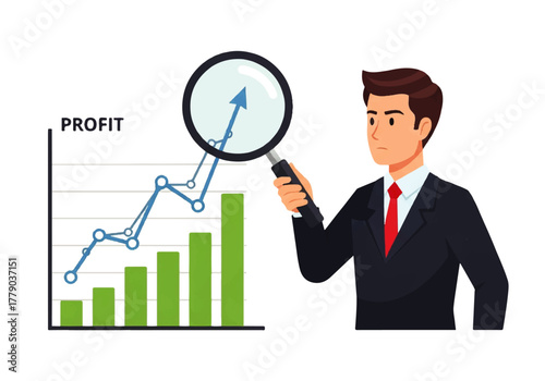 Business Analyst's Insight: An analyst, intently focused, scrutinizes a growth chart through a magnifying glass, revealing an upward trend and a promising financial outlook. 