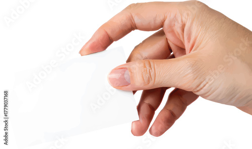 A person's hand holding a blank white rectangular card against an isolated white background.