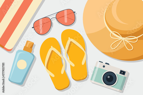 Vector illustration of flat lay of summer vacation essentials including a straw hat, sunglasses, flipflops, sunscreen, camera, and beach towel on a light gray background