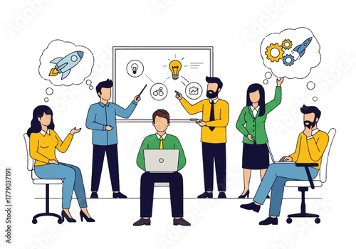 Brainstorming Innovation: Collaborative group dynamic in action, individuals share ideas and strategic planning, embodying the creative process of innovation and progress. 