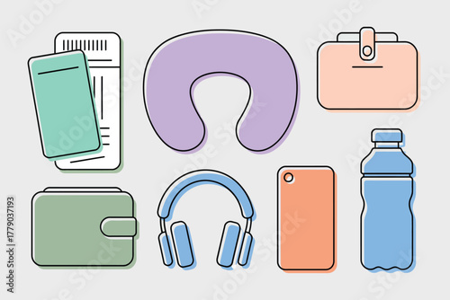 Vector illustration of travel accessories including a neck pillow, wallet, headphones, smartphone, ticket, and water bottle for a comfortable journey