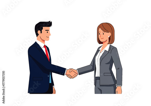Business handshake: A professional man and woman seal a deal with a firm handshake, symbolizing partnership, agreement, and mutual respect.