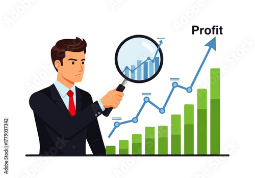 Strategic Focus: A professional in a suit intently examines a rising financial graph, his focus fixed on increasing profit and financial gain.