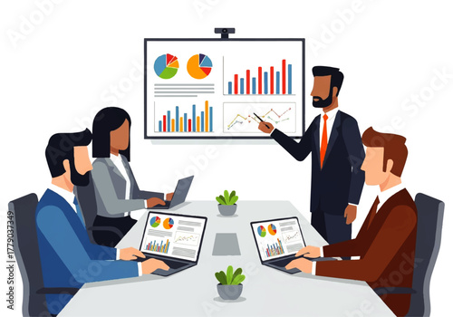 Business Team Presentation: A professional presentation is delivered in a corporate setting. The speaker is pointing at the large screen, which shows business data.