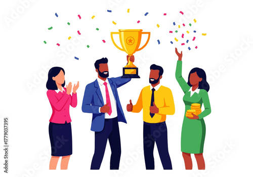 Digital Victory: A stylized digital illustration celebrating success, featuring a triumphant figure holding a golden trophy aloft amidst colorful confetti.