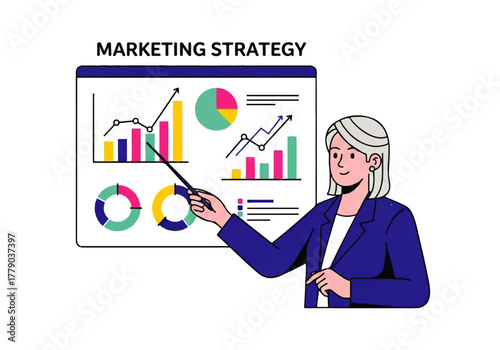 Presentation of Marketing Strategy: A professional individual gestures towards a data-rich chart displaying marketing analytics, embodying strategy, analysis.