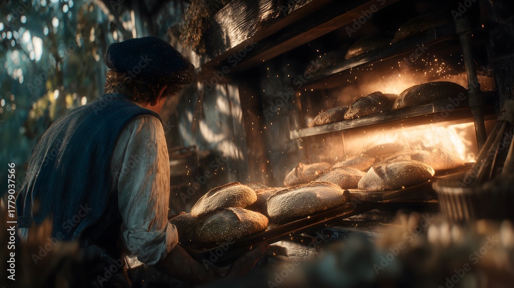 Fototapeta premium Baker Removing Fresh Bread from Wood-Fired Oven