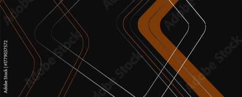 Black abstract wide horizontal banner with orange and gray lines, arrows and angles. Dark modern sporty bright futuristic abstract background. eps10.