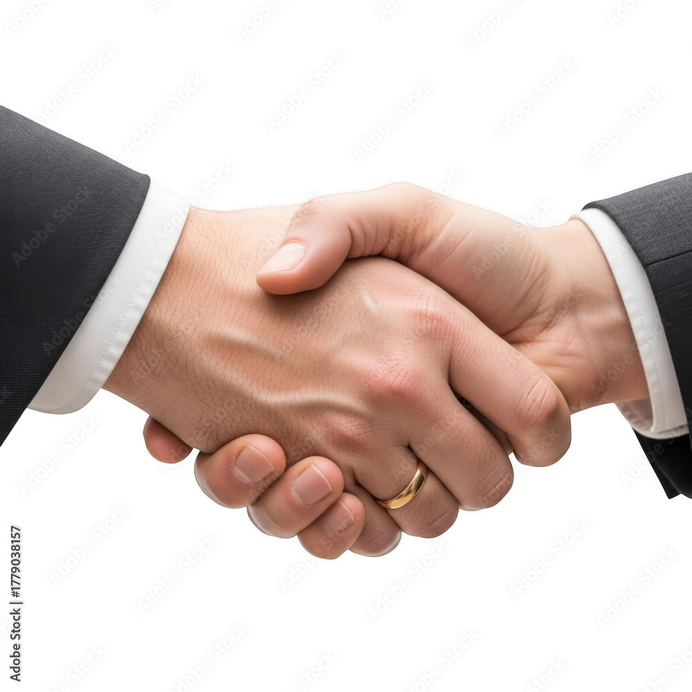 Fototapeta premium Two business professionals firmly shaking hands symbolizing agreement and partnership isolated on transparent background