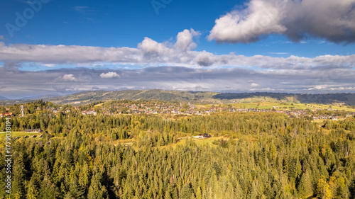 Fototapeta Naklejka Na Ścianę i Meble -  Aerial View of Polish Countryside and Forests under Dramatic Sky