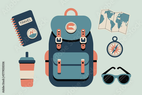 Vector illustration of vector illustration showcasing essential travel items like a backpack, folded map, compass, sunglasses, a travel journal, and a takeaway coffee cup